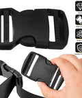 1.5 Inch Side Release Buckles Kit With 30 Tri Glide Slides, 15 Sets, Heavy Duty Plastic Buckles For Backpacks Luggage Straps And Pet Collars Replacement, No Sew, Adjustable. Image shows a close-up of the heavy-duty plastic buckle being adjusted by hand.