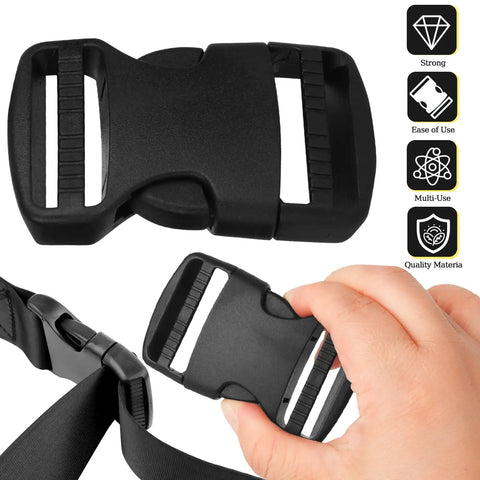 1.5 Inch Side Release Buckles Kit With 30 Tri Glide Slides, 15 Sets, Heavy Duty Plastic Buckles For Backpacks Luggage Straps And Pet Collars Replacement, No Sew, Adjustable. Image shows a close-up of the heavy-duty plastic buckle being adjusted by hand.