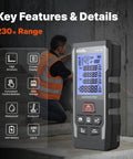 230 Foot Laser Distance Meter With Bright Green Beam And Smart Angle Tracking, features a high accuracy display for measuring.