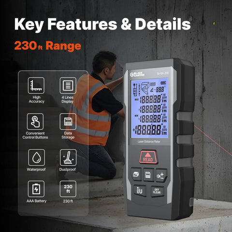 230 Foot Laser Distance Meter With Bright Green Beam And Smart Angle Tracking, features a high accuracy display for measuring.