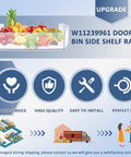 Graphic showing benefits of W11239961 Refrigerator Door Shelf Bin Replacement with fruit illustration and icons for quality and fit.