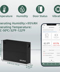 Smart All In One Gun Safe Security Monitor With Laser Door Alarm And Real Time Temperature Humidity And Vibration Tracking For Safe Box And Cabinet Storage Real Time Alerts And Easy Remote Monitoring black monitor with app screen, 10 cm wide