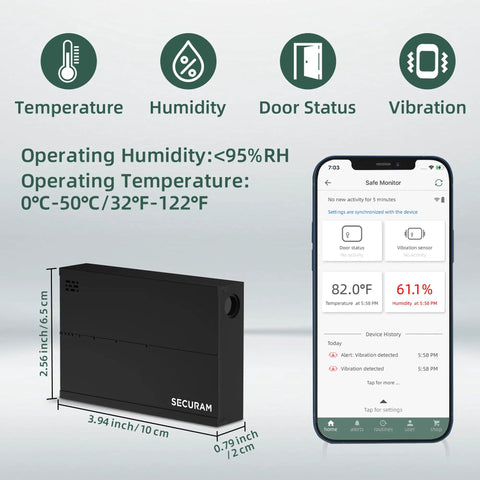 Smart All In One Gun Safe Security Monitor With Laser Door Alarm And Real Time Temperature Humidity And Vibration Tracking For Safe Box And Cabinet Storage Real Time Alerts And Easy Remote Monitoring black monitor with app screen, 10 cm wide