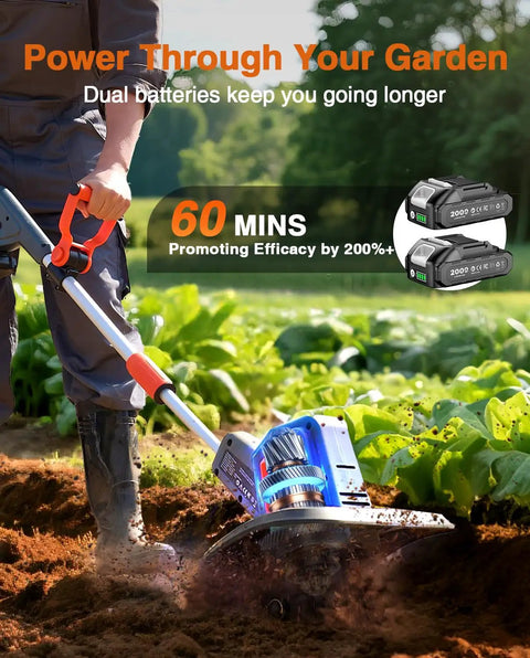 Powerful Cordless Tiller Cultivator For Gardening With 360 RPM Electric Motor 48 Steel Tines in action on soil