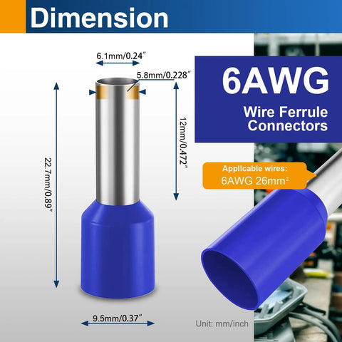 Diagram of Beefy Heavy Duty AWG 6 Wire Ferrule Connectors Blue Insulated Copper Terminals 12mm Crimp Pin Ends dimensions