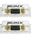 Heavy Duty ANL Fuse Holder And 250 Amp Gold Plated Fuses shown from top angle with clear cover and gold connectors.