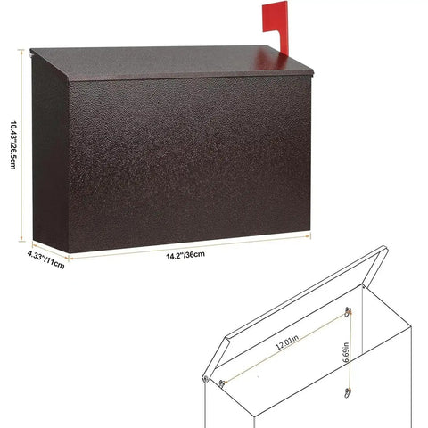 Wall Mount Mailbox With Flag Kit And 0 To 9 Number Stickers, Galvanized Steel Built Tough Rust Proof Outdoor Post Box In Bronze Finish, Weather Resistant Large Capacity Mailbox Heavy Duty For Letters, Magazines, And Small Packages shown with dimensions and red flag
