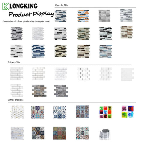 Product display showing various tile designs, including Premium Thicker Design Peel And Stick Tile For Kitchen Backsplash.