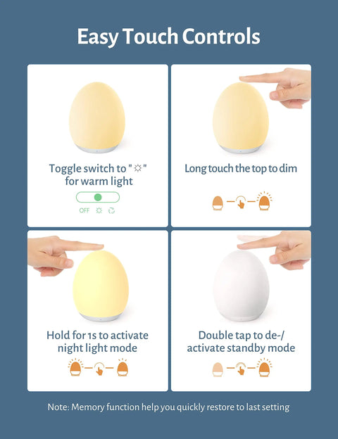 Rechargeable Egg Night Light For Baby And Kids With 7 Colors Changing Mode Stepless Dimming And Easy Touch Control Includes 1 Hour Timer BPA Free Nursery Light For Breastfeeding Diaper Changes Perfect Late Night Hack showing touch controls and color modes