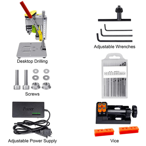 Compact Benchtop Mini Drill Press With Adjustable Speed And A Boss 795 DC Motor B10 Chuck Built For Metal Wood Jewelry And DIY Crafts Portable Lightweight Yellow with accessories including wrenches, screws, power supply, and vice.