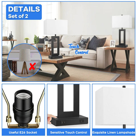 Pair Of Dope Modern Touch Control Bedside Lamps With USB Ports, 22 Inch Tall Nightstand Lights in living room setting