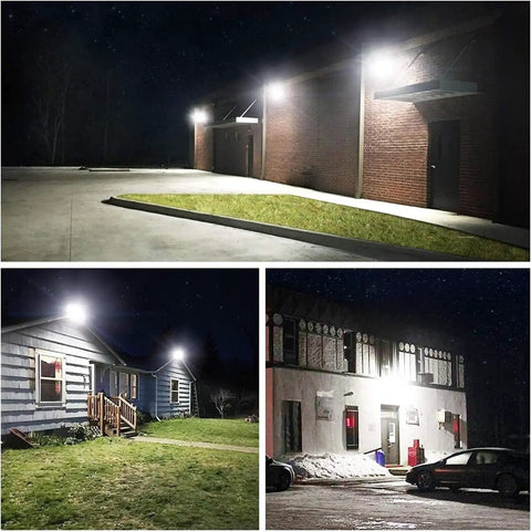 JUDYSSY Led Flood Lights Outdoor Security Lights White 20V Led Work Light illuminating buildings and driveway at night.