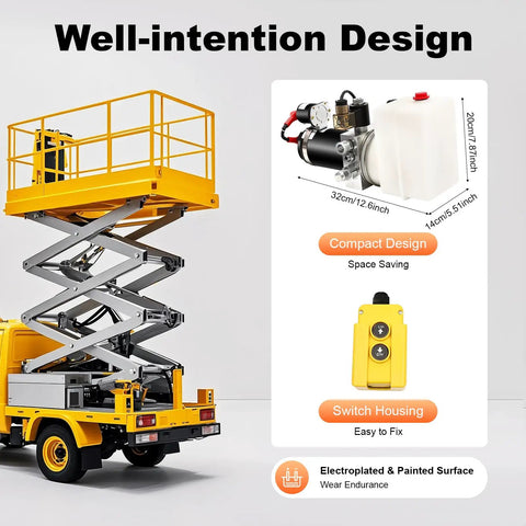 12V Dump Trailer Hydraulic Power Unit With 1.6 Quart Reservoir and Remote Control on yellow lift platform