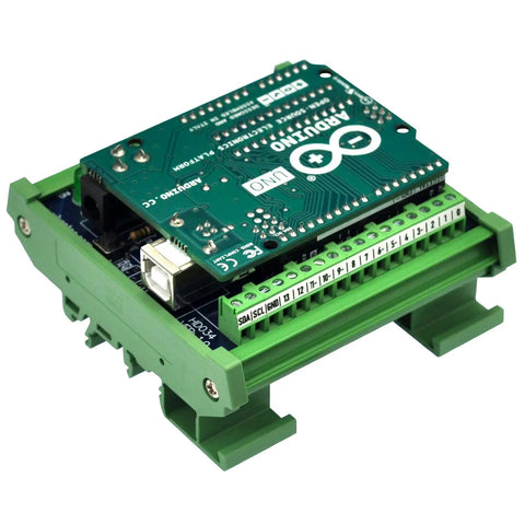 Din Rail Mount Pinout Breakout Terminal Block Module For UNO R3 Builds With 3.81mm Pitch Screw Terminal 26-16AWG Wire Range 5mm Strip M2 Slotted Screw For Easy Industrial Control Wiring, green PCB