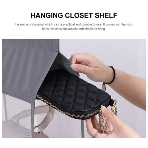 Heavy Duty Five Layer Hanging Closet Organizer With Clear View Window And Tough Rust Resistant Steel Hook For Straight Up Wardrobe Storage And No Sweat Travel Packing showing a hand reaching for a quilted black pouch in the organizer.