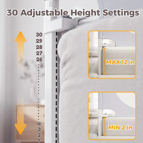 Close-up of 30 adjustable height settings for Three Side Queen Size Bed Rail For Toddlers With Headboard Rod No Drill Baby Guard.