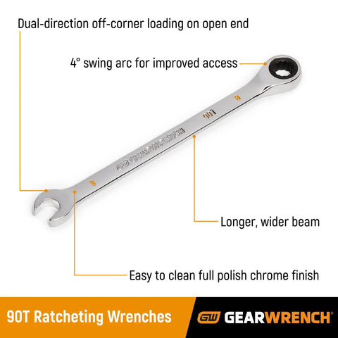 9/16 Inch Swing Arch 4 Degree Ratcheting Combination Wrench With 12 Point Box End And Dual Direction Open End For Off Corner Loading