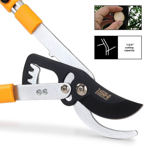 Heavy-Duty Gear-Bypass Lopper With 27 To 40 Inch Adjustable Telescoping Handles and Ratcheting Cut, close-up of cutting blade and grip