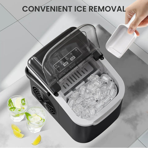 Portable Countertop Ice Maker That Makes Bullet Ice Pretty Dang Fast With Zero Fuss And Self Cleaning Features Providing Two Cube Size Choices For House Parties Producing 26 Pounds Daily In Modern Black with ice removal scoop.