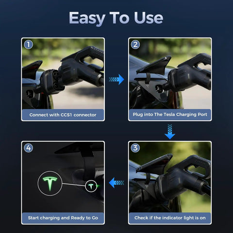Step-by-step usage guide for Hella Fast CCS1 To NACS Adapter bringing 250KW DC supercharging power for Tesla.