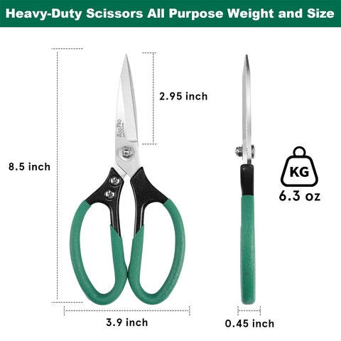All Purpose Heavy Duty Utility Scissors With 8.5 Inch Sharp Stainless Steel Blades For Kitchen Office Sewing Crafting Garage And Home Projects Ideal For Cutting Paper Cardboard Fabric Vinyl Plastic Leather Packaging Gardening General Household Tasks, front and side view with size labels