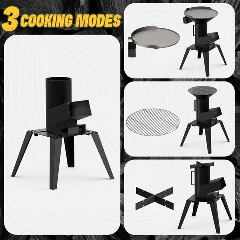Three In One Camp Rocket Stove Kit With Griddle Grill And Pot Rack Portable Wood Burning Stove With Detachable Stand shown.