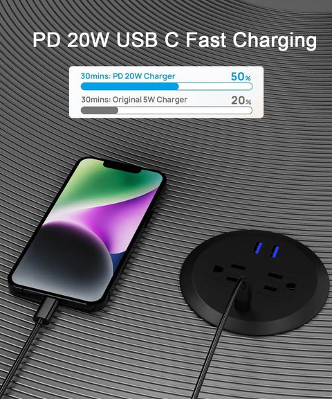 Pretty Slick 3 Inch Desktop Power Grommet 2 Pack With Pd 20W Usb C Fast Charger And 6.5 Foot Cord Black showing charging phone.