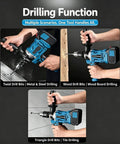Cordless Drill And Cement Mixer With 2 Speed Torque Control Plus 180 Degree Swivel Handle For Mortar Grout And Wood Drilling in action, drilling metal, wood, and tile.
