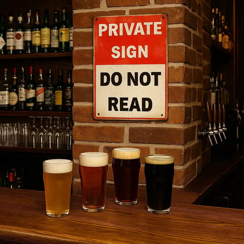 Funny Private Sign Do Not Read Tin Metal Wall Decor Vintage Rustic Distressed Hella Cool Art Piece for Man Cave Bedroom Bar Dorm Office Gift 12 by 8 Inch mounted above beer glasses.