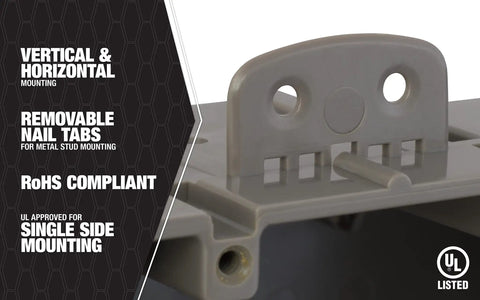 Beefy 5 Gang Multi Mount Device Box With Depth Adjustable For Horizontal And Vertical Installations, Heavy Duty 42lb Gray, Removable Nail Tabs For Metal Stud Mounting, Top Blocks For Secure Vertical Placement, Interior Mounting Blocks showing nail tab detail