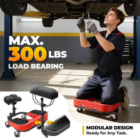 All Day Comfort Heavy Duty Rolling Knee Creeper With Seat And Chest Support, 300 Lbs Capacity in use under car