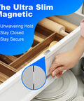 Ultra Thin Magnetic Cabinet Door Catches, 10 Pack Stainless Steel Adhesive Drawer Magnets That Keep Doors Shut, 0.08 Inch Thick, Easy Install With Double Sided Tape, Durable And Corrosion Resistant installed inside a white kitchen drawer for secure closure.