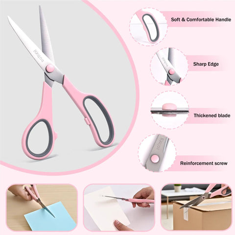 6 Pack 8 Inch Multipurpose Comfort Grip Scissors Set With Colorful Handles Ergonomic Sharp Blades, pink handle detail