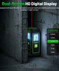4 In 1 Digital Laser Tape Measure With Dual HD Display, 200 Ft Rechargeable Laser Distance Meter, 33 Ft Green Cross Line Laser, 10 Ft Tape, Handy For Quick Area, Volume, Pythagorean, And Leveling On Indoor Projects in a wall corner