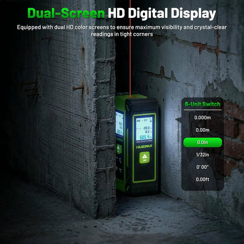 4 In 1 Digital Laser Tape Measure With Dual HD Display, 200 Ft Rechargeable Laser Distance Meter, 33 Ft Green Cross Line Laser, 10 Ft Tape, Handy For Quick Area, Volume, Pythagorean, And Leveling On Indoor Projects in a wall corner