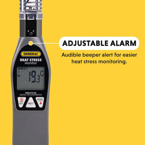Handheld Heat Stress Monitor With WBGT Globe Temperature And Humidity Readouts For On Job Sites And Gyms, adjustable alarm feature