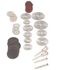 65 Piece Cutting Wheel Set For Glass Tile Metal With HSS Resin Cutters Pro Grade 8 Hole Discs shown in various sizes and materials