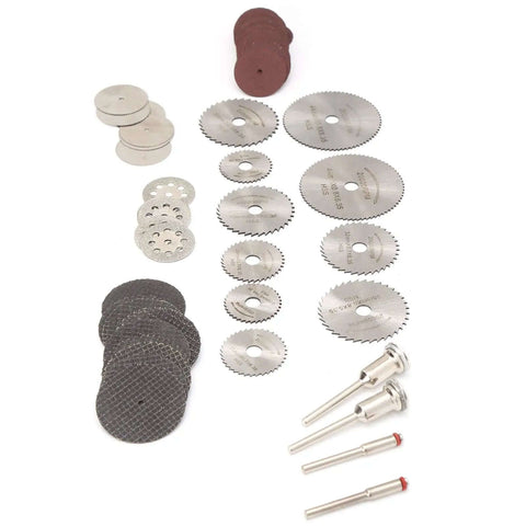 65 Piece Cutting Wheel Set For Glass Tile Metal With HSS Resin Cutters Pro Grade 8 Hole Discs shown in various sizes and materials