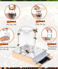 "Two Pack Light Wood Beehive Entrance Feeders For Hive Front Water Or Sugar Syrup Bee Watering Station And Drinking Tool Simple Beekeeping Equipment For Quick Feeding When You Need It" usage steps illustration with jar and bees.