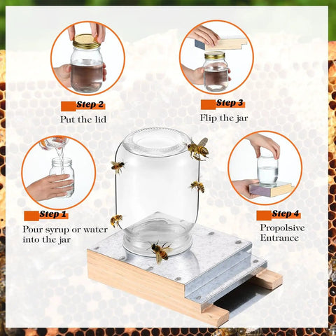 "Two Pack Light Wood Beehive Entrance Feeders For Hive Front Water Or Sugar Syrup Bee Watering Station And Drinking Tool Simple Beekeeping Equipment For Quick Feeding When You Need It" usage steps illustration with jar and bees.