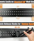 Beefy 66 Inch Garage Tool Organizer Wall Mount With 13 Adjustable Heavy-Duty Hooks showing pegboard installation on 16-inch studs