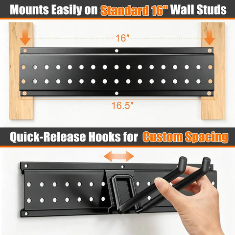 Beefy 66 Inch Garage Tool Organizer Wall Mount With 13 Adjustable Heavy-Duty Hooks showing pegboard installation on 16-inch studs