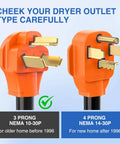3 prong NEMA 10-30P and 4 prong NEMA 14-30P connectors for 30A to 50A EV charger adapter cord, check dryer outlet type carefully