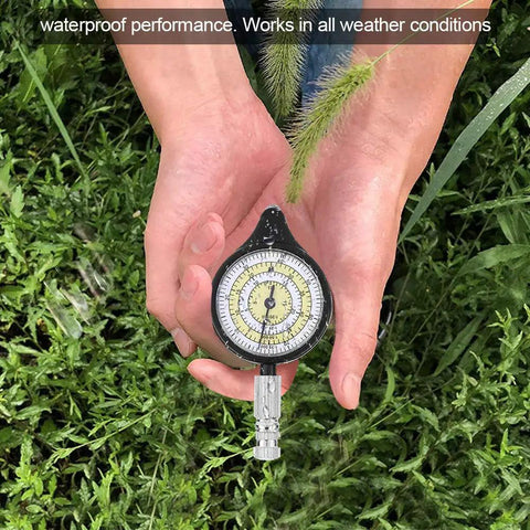 Rugged Mini Map Measuring Wheel For Dead Accurate Outdoor Distance Tracking And Trail Navigation Featuring Heavy Duty Alloy Build in hand outdoors.