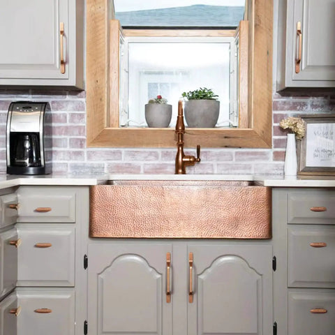Six Pack Knockout Antique Copper Drawer Pulls With Straight Up Solid Zinc Build And Heavy Duty Vintage Finish For No Sweat Kitchen Cabinet Swaps And Major Furniture Overhauls on gray kitchen cabinets with copper sink.