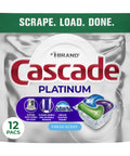 Front view of 12-count Platinum ActionPacs Dishwasher Detergent Pods Deliver Powerful Cleaning In One Wash Without Pre Wash.