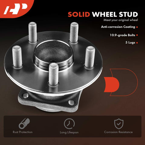 Rear Wheel Bearing And Hub Assembly 2 Pack For Toyota Corolla 2003 2008 Matrix 2003 2008 Celica 2000 2005 And Pontiac Vibe 2003 2008 FWD Non ABS 5 Lug Durable Beefy Heavy Duty High Load Capacity Easy To Install, showing anti-corrosion coated wheel studs and 5-lug assembly.