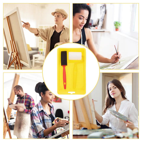 No Sweat Home Painting Kit Featuring Quick Coverage Sponge Rollers Combined With Versatile Bristle Brushes Designed For Smooth Wall Application And Relaxed Weekend Renovations in a yellow tray with painters.