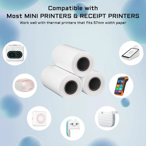57mm Thermal Paper Rolls, White, Non Adhesive, 10 Roll Pack For Mini Printers And Instant Cams, 8.5m Each Roll, 30mm Diameter Core 0.6in, BPA/BPS Free, Fade Resistant, Images Last Up To 10 Years. Compatible with most mini printers and receipt printers