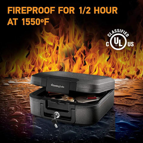 Charcoal Gray Fireproof And Waterproof Safe Box With Key Lock For Money And Passport Stash Portable Travel Chest, open with flames in background.